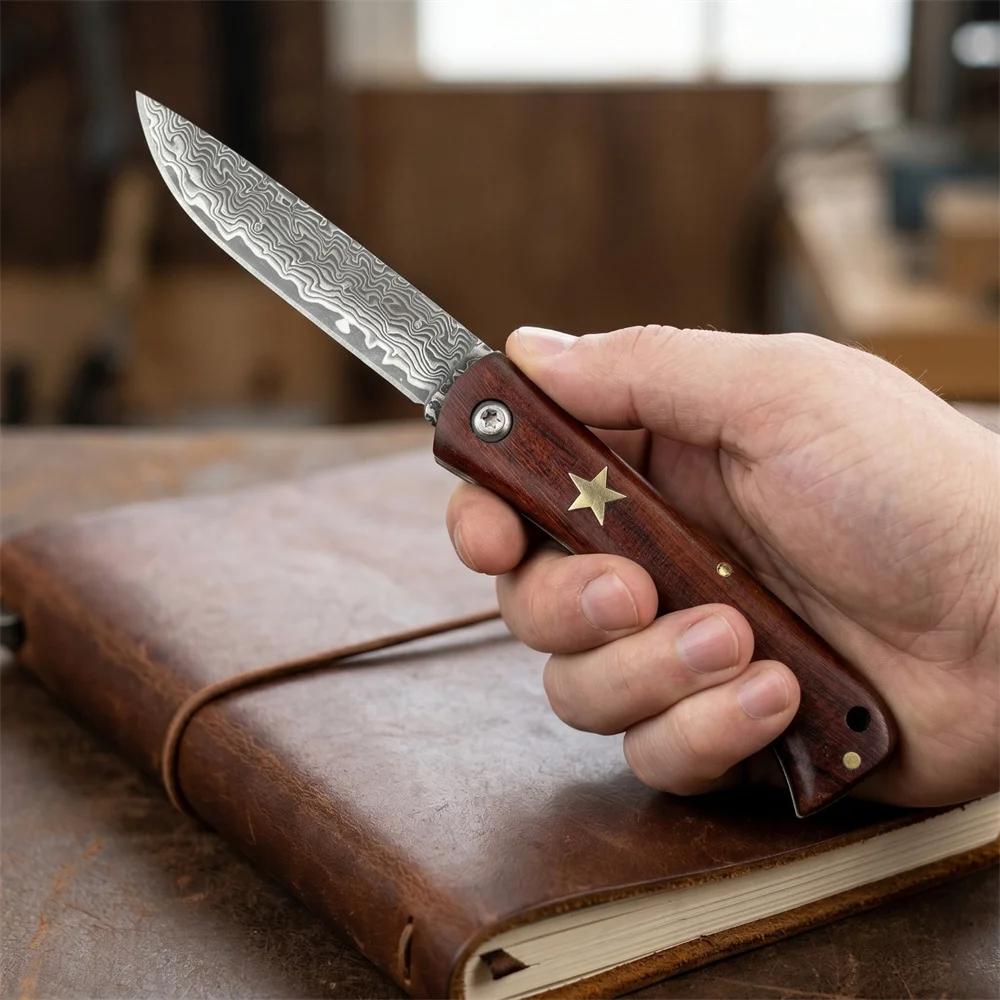 Bushcraft Knife Fixed - EDC Folding Pocket Knife, Premium Damascus